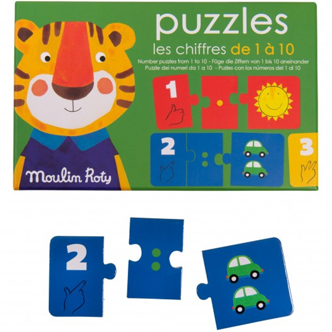 Verpakking van de Moulin Roty cijferpuzzel met een tijger en voorbeelden van de puzzelstukken.