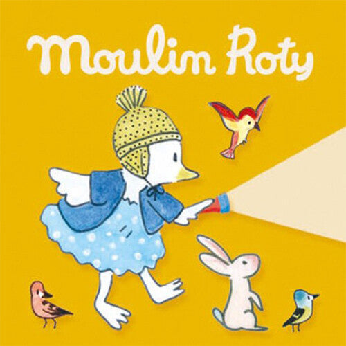 Moulin Roty illustratie van een eend met zaklamp die een konijn en vogels verlicht op een gele achtergrond.