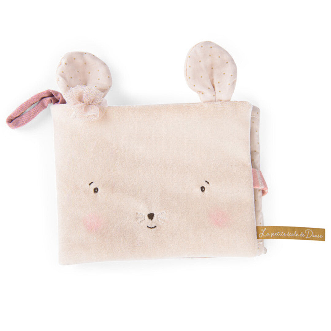 Moulin Roty baby fotoalbum in de vorm van een beige muis met roze wangen en oren met gouden stippen.