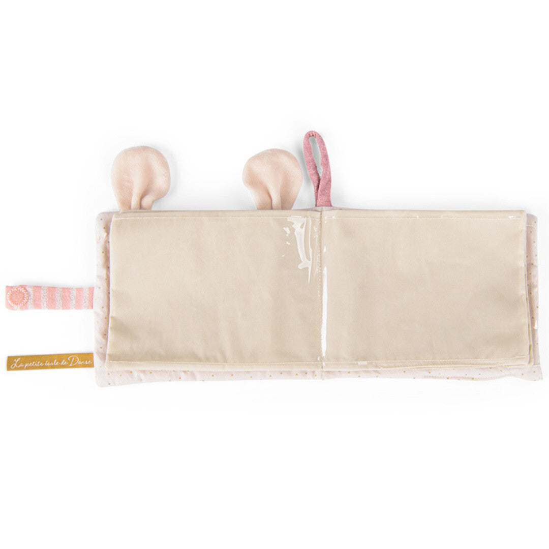 De achterkant van het Moulin Roty muis baby fotoalbum met twee doorzichtige fotovakken.