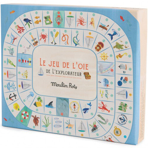 Moulin Roty ganzenbord 'Le Jeu de l'Oie de l'Explorateur' in de verpakking.