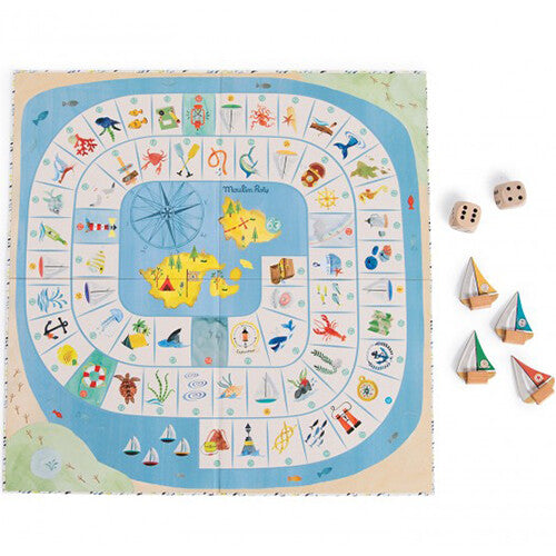 Moulin Roty houten ganzenbord met zee-thema, inclusief dobbelstenen en bootjes.
