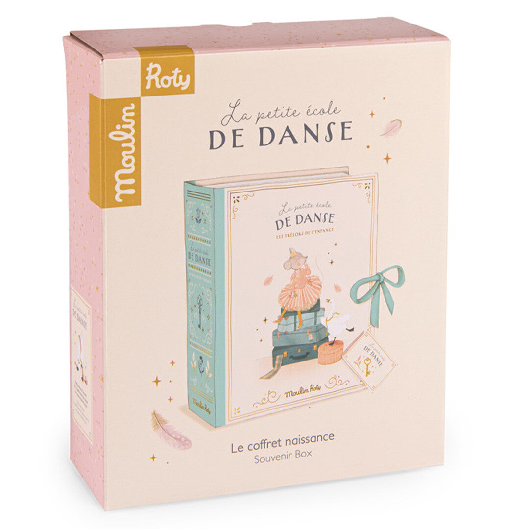 De productverpakking van de Moulin Roty geboortedoos met een afbeelding van het product en een dansende muis.