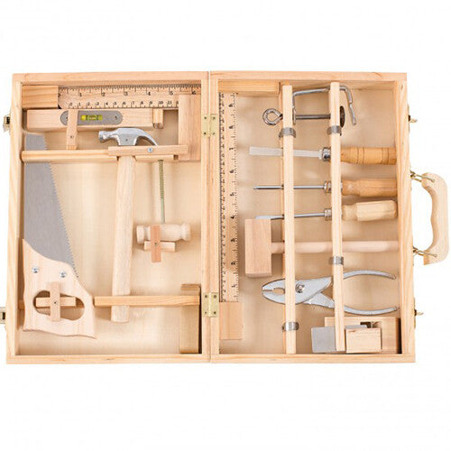 Moulin Roty houten gereedschapskoffer open met diverse houten en metalen speelgoedgereedschappen.