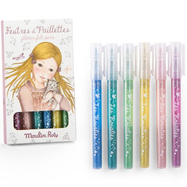 Moulin Roty glitterstiften set met zes veelkleurige pennen en de verpakking met een illustratie van een meisje.