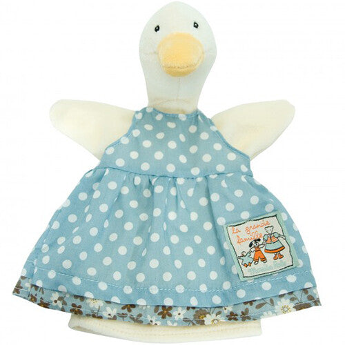 Moulin Roty handpop eend met een blauwe jurk met witte stippen en een bloemenrand.