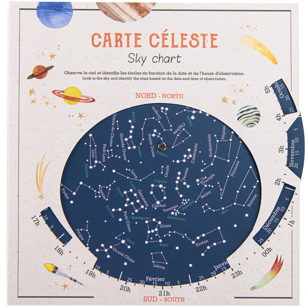 Moulin Roty educatieve hemelkaart van karton met sterrenbeelden en planeten.