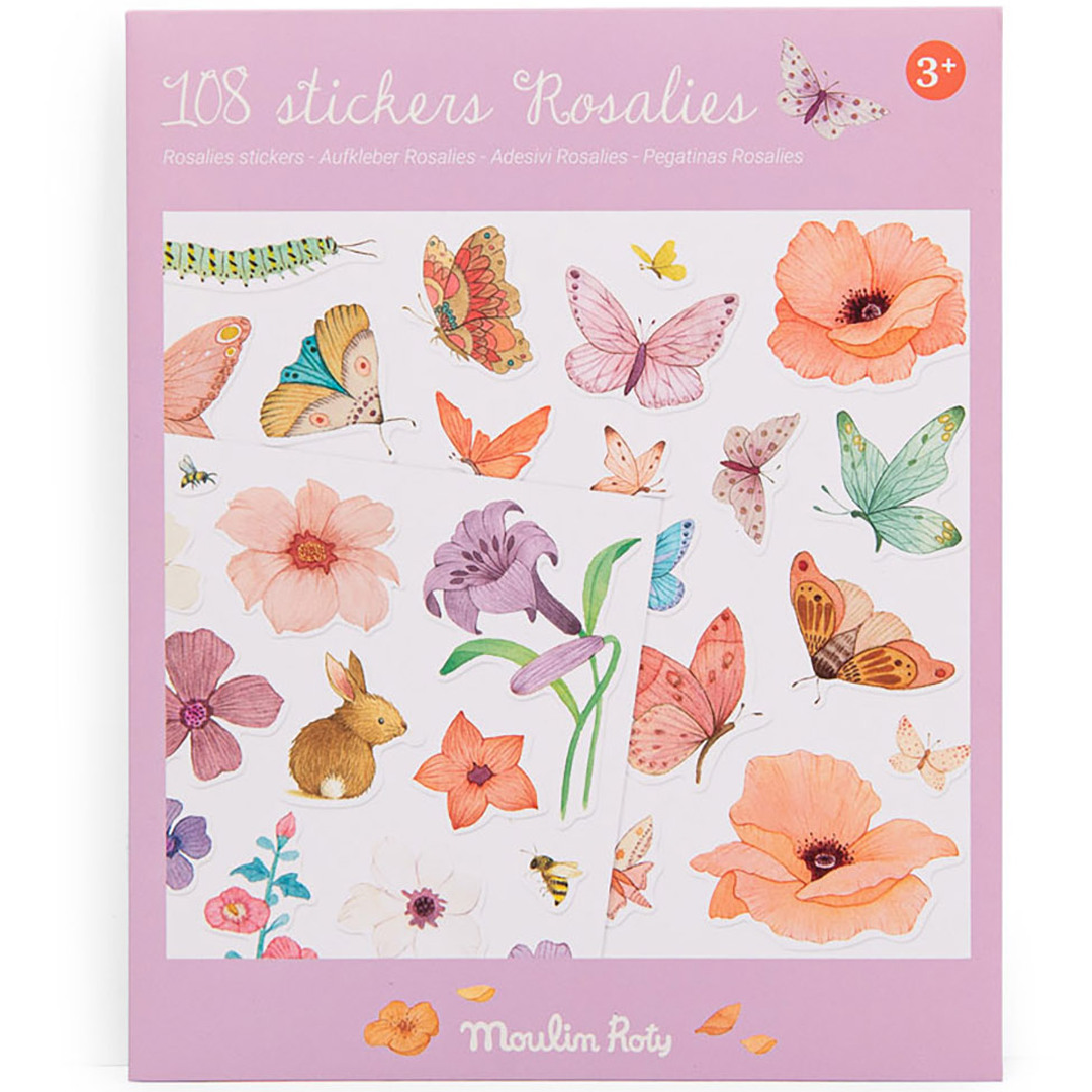 De verpakking van Moulin Roty herbruikbare stickers met vlinders, bloemen en een konijn.