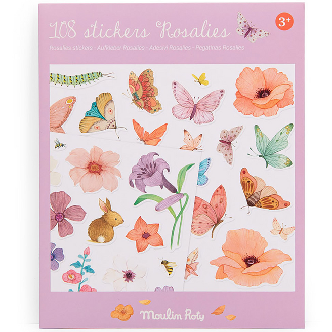 De verpakking van Moulin Roty herbruikbare stickers met vlinders, bloemen en een konijn.
