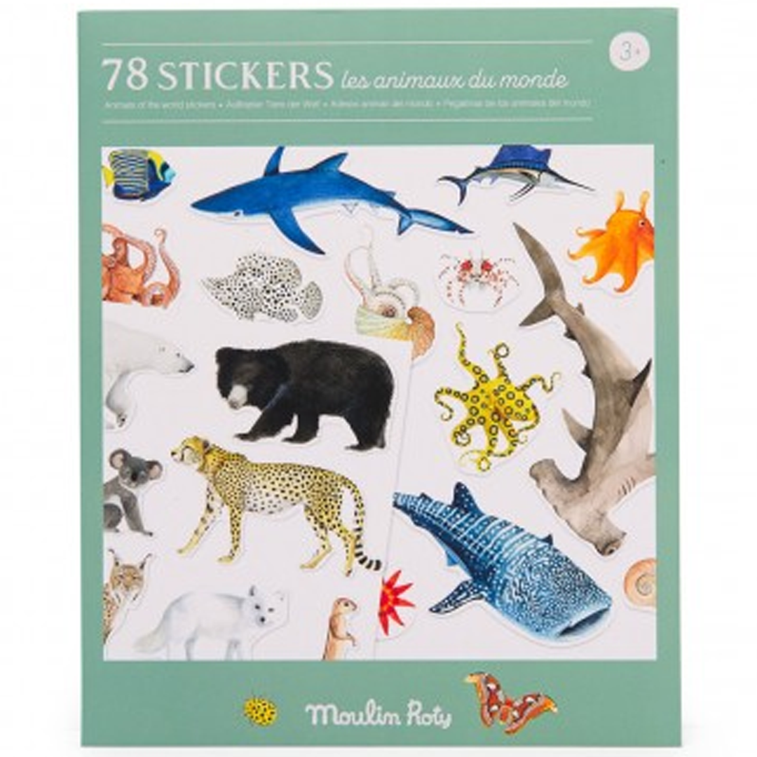 Moulin Roty verpakking van een stickerset met 78 diverse dierenstickers.