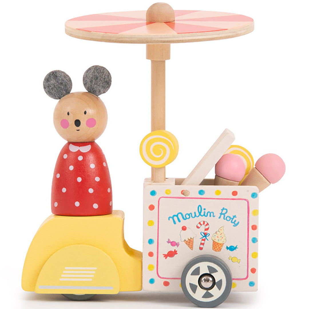 Moulin Roty houten ijscokar met een muisfiguur in een rode jurk en een parasol.