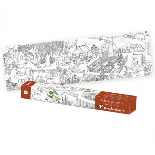 Moulin Roty inkleurposter 'de tuinier' deels uitgerold met de verpakking ernaast.