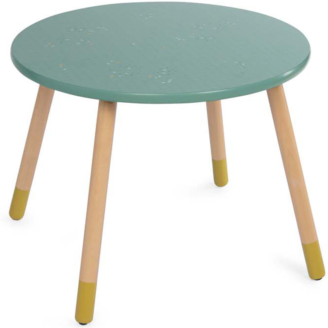 Moulin Roty groene houten kindertafel met ronde vorm en gele pootjes.