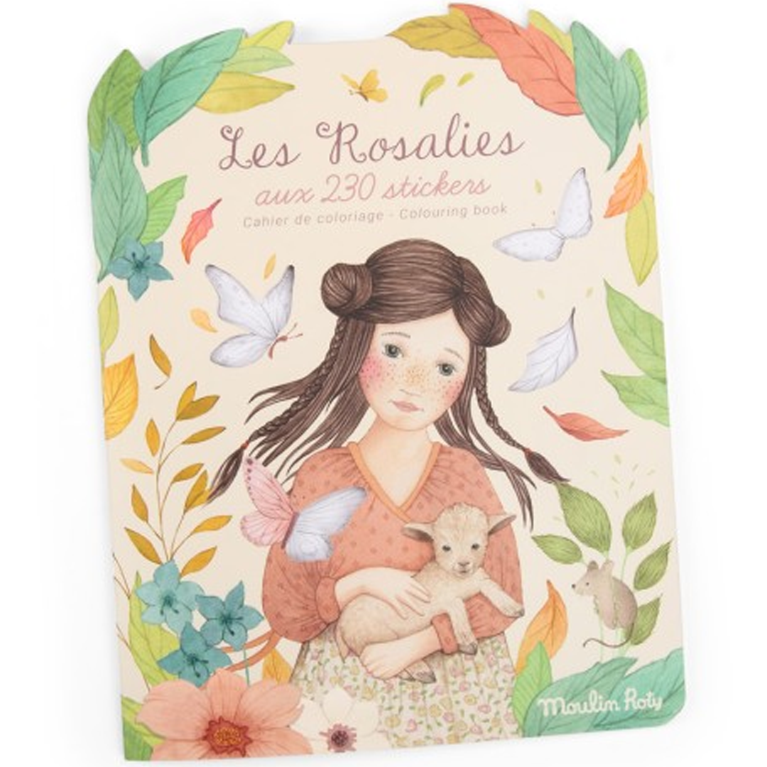Moulin Roty kleur- en stickerboek Les Rosalies met een illustratie van een meisje met een lam op de voorkant.