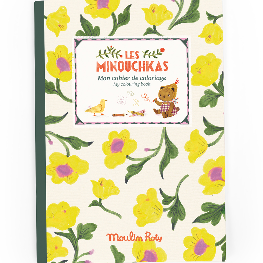 Moulin Roty kleurboek Les Minouchkas met gele bloemen en een illustratie van een beer op de voorkant.