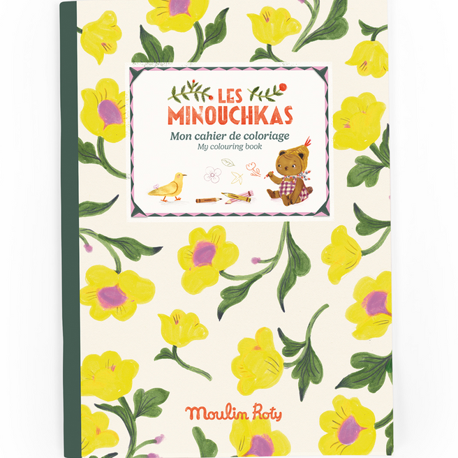 Moulin Roty kleurboek Les Minouchkas met gele bloemen en een illustratie van een beer op de voorkant.