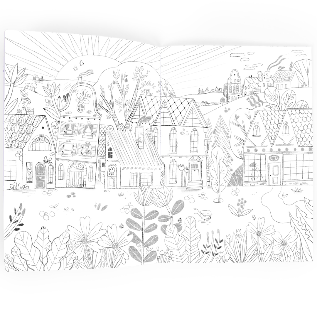 Twee open pagina's van het Moulin Roty kleurboek met een gedetailleerde tekening van een dorp en landschap.