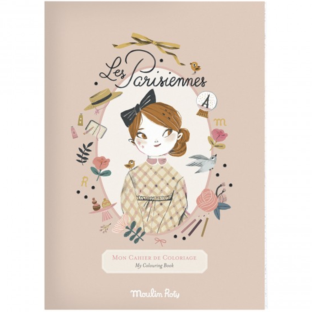 Moulin Roty kleurboek Les Parisiennes met een illustratie van een meisje omringd door Parijse elementen op de voorkant.
