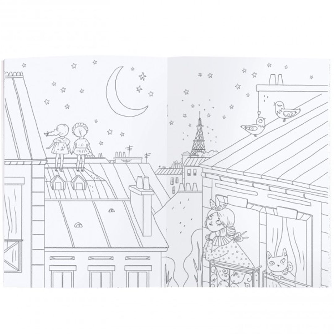 Een open pagina van het kleurboek met een lijntekening van Parijse daken met meisjes en de Eiffeltoren.