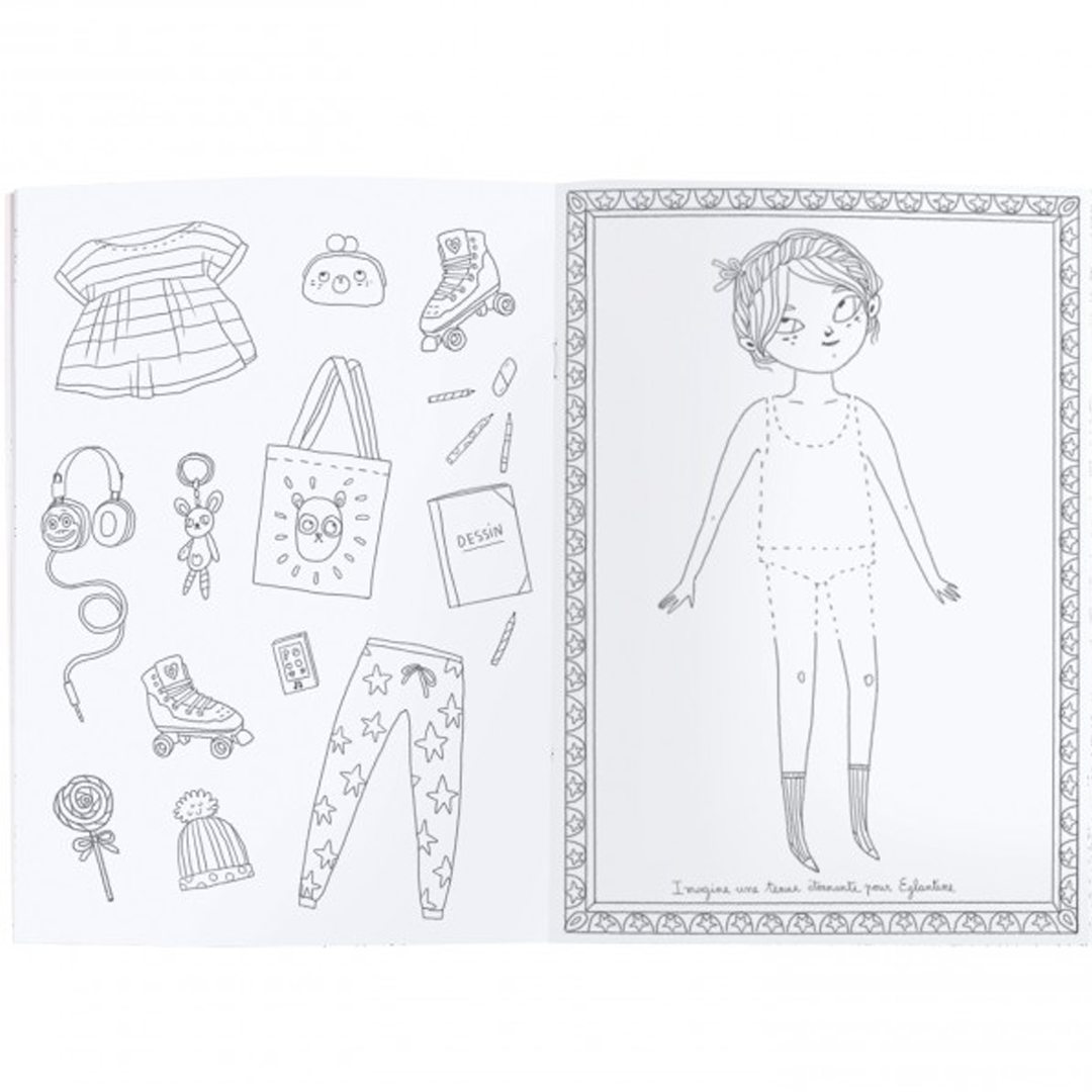 Een open pagina van het kleurboek met een lijntekening van een meisje en diverse kledingstukken en accessoires.