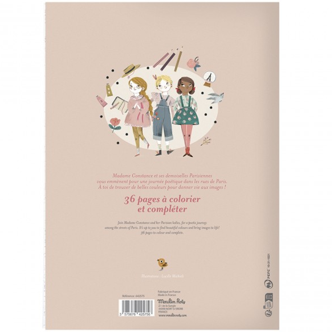 De achterkant van het Moulin Roty kleurboek Les Parisiennes met illustraties van drie meisjes en productinformatie.