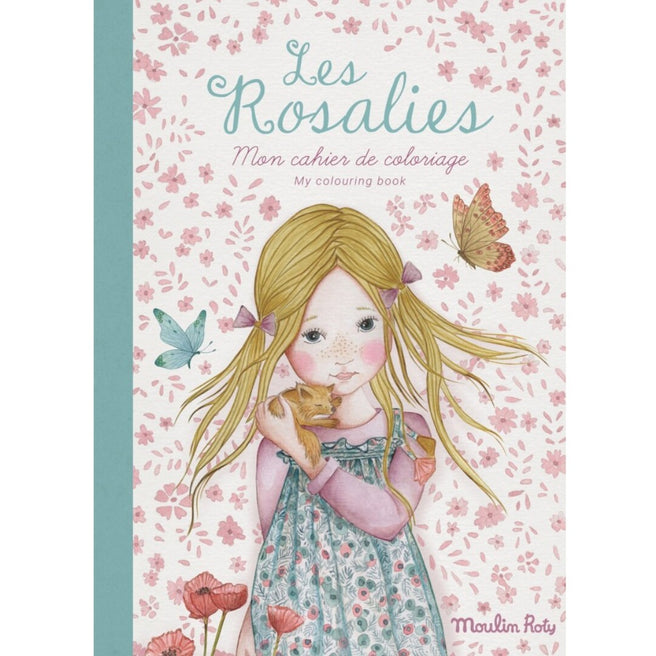 Moulin Roty kleurboek Les Rosalies met een illustratie van een meisje dat een katje vasthoudt, omringd door bloemen en vlinders.