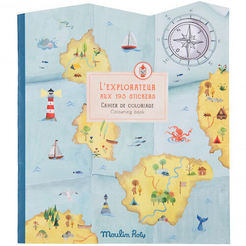 Moulin Roty kleurboek met stickers 'De Ontdekker' met een geïllustreerde schatkaart op de voorkant.