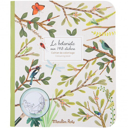Moulin Roty kleurboek 'Le botaniste' met een beige kaft vol takken, bladeren, vogels en insecten.