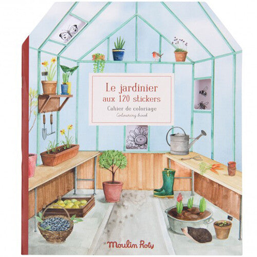 Moulin Roty kleurboek 'Le jardinier' met een illustratie van een kas op de voorkant.