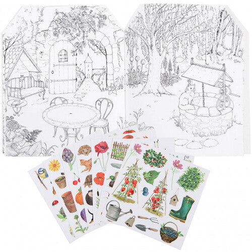 Open Moulin Roty kleurboek met tuinscènes en losse vellen met stickers van tuinthema's.