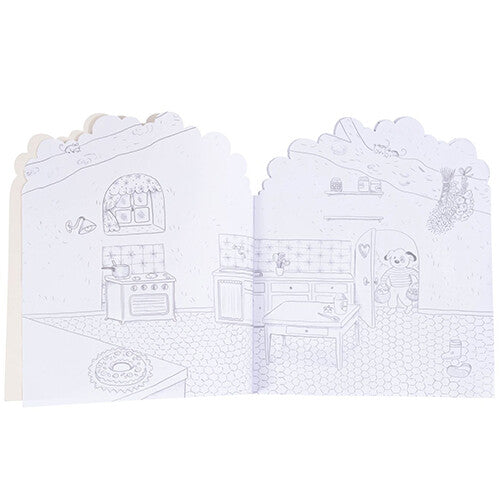 Een open pagina van het stickerboek met een zwart-wit tekening van een keuken in een boomhut.
