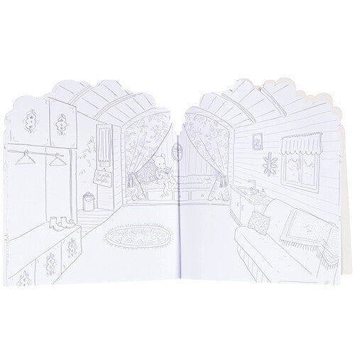 Een open pagina van het stickerboek met een zwart-wit tekening van een slaapkamer in een boomhut.
