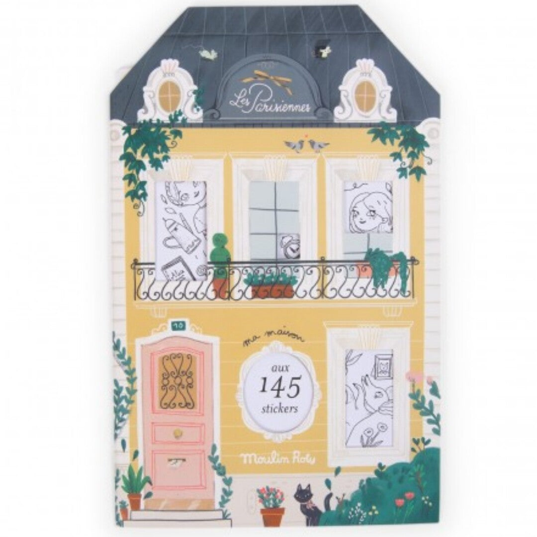 Moulin Roty kleurboek met stickers in de vorm van een geel Parijs huis met de tekst 'La Parisiennes'.