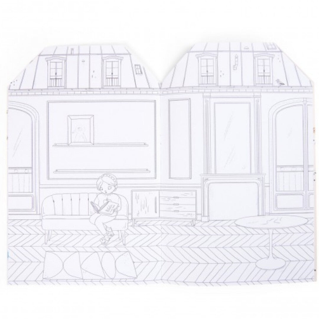 Een open pagina van het kleurboek met een lijntekening van een meisje dat leest in een huisinterieur.
