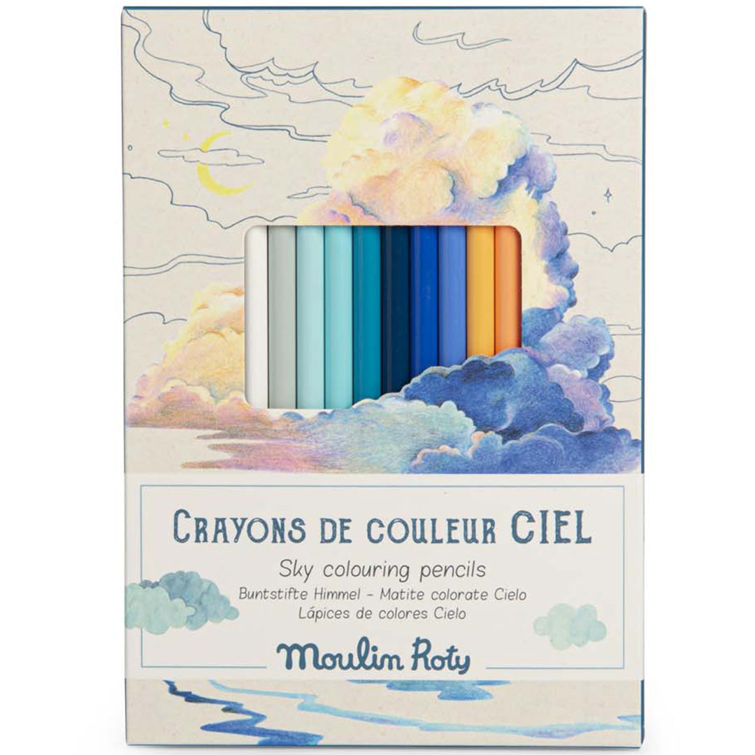 Verpakking van Moulin Roty kleurpotloden met een wolkenontwerp en de tekst 'Crayons de Couleur Ciel'.