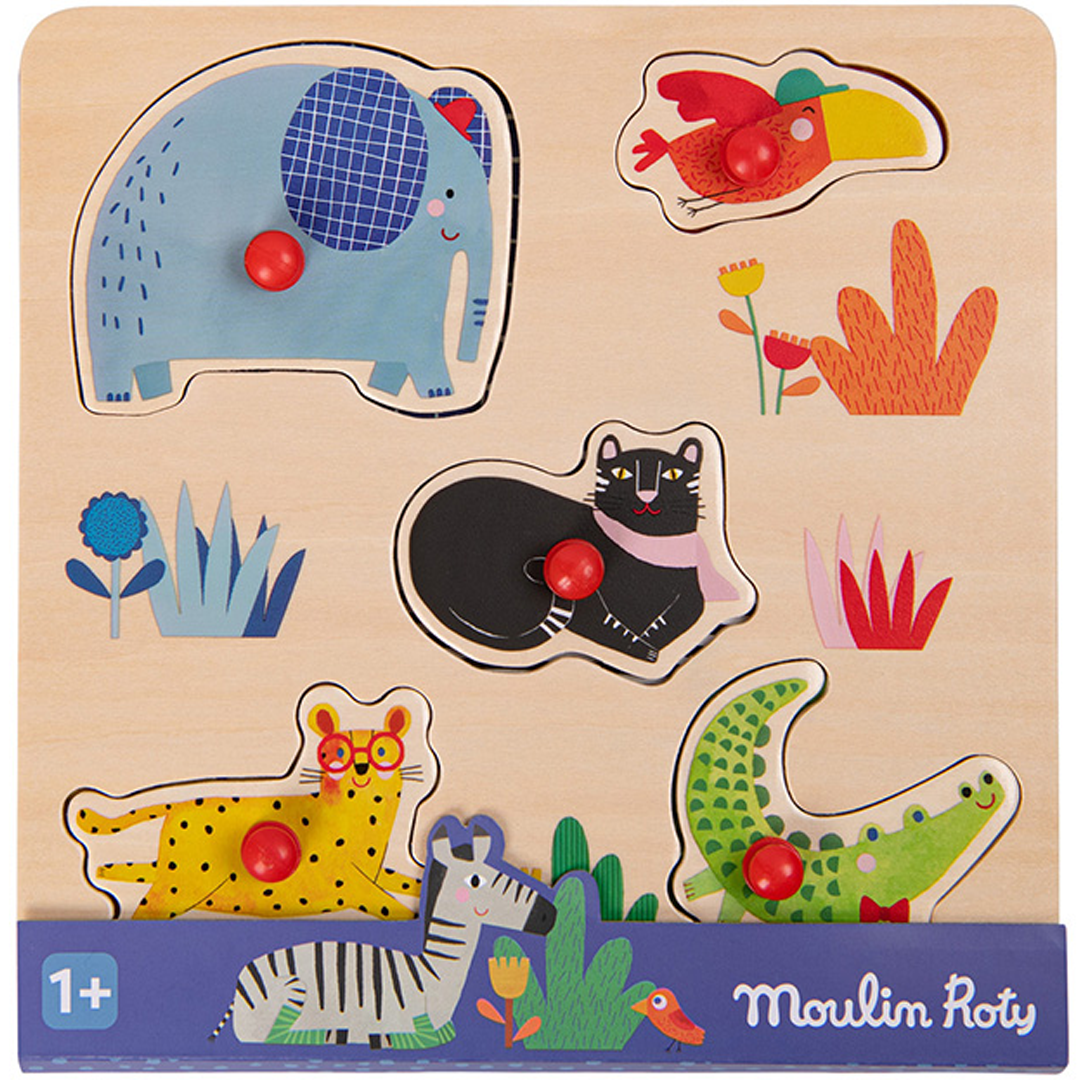Moulin Roty houten knoppuzzel met verpakking die de aanbevolen leeftijd van 1+ en een zebra toont.