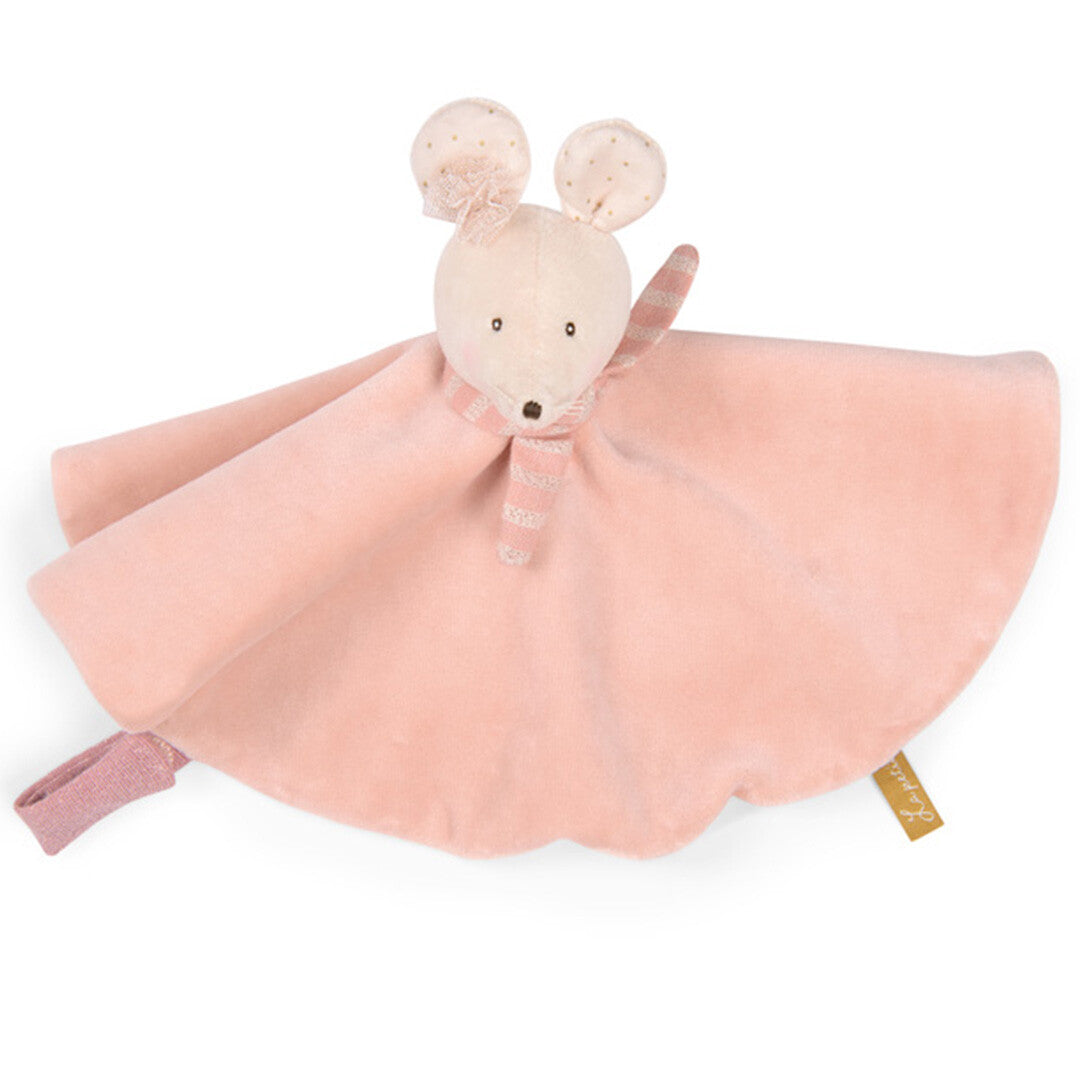 Moulin Roty roze knuffeldoek met muizenhoofdje en gestreepte sjaal.