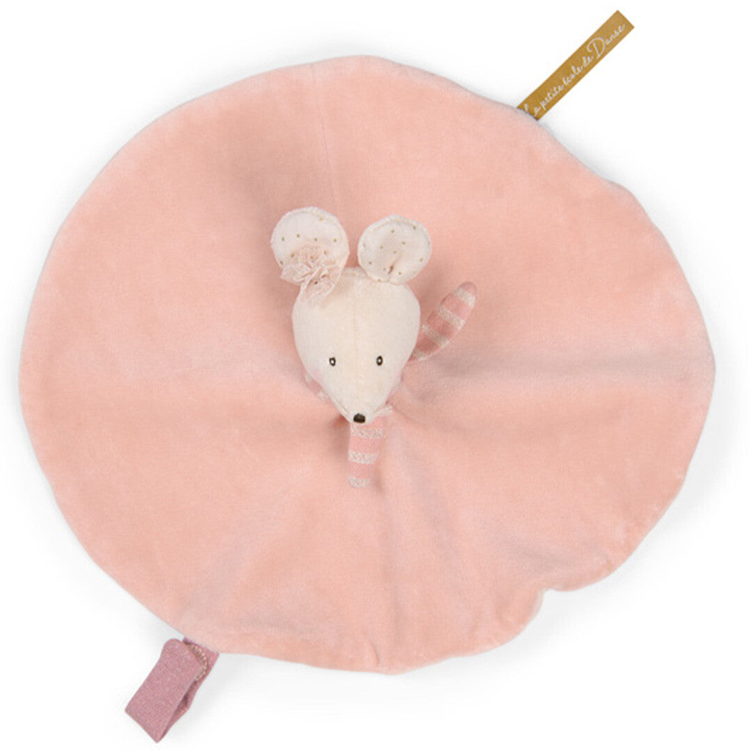 Moulin Roty roze knuffeldoek met muizenhoofdje en gestreepte sjaal, van bovenaf gezien.