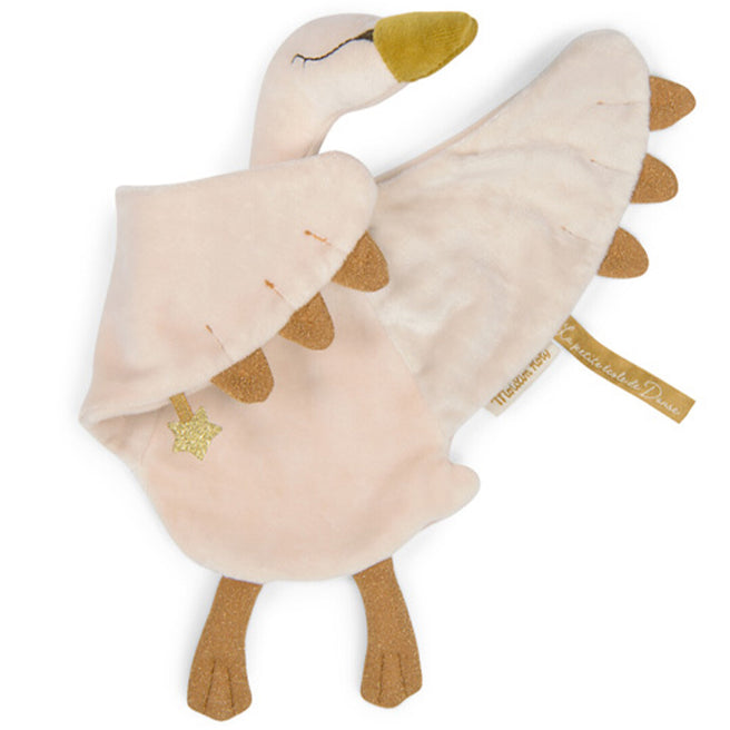 Moulin Roty knuffeldoek in de vorm van een beige zwaan, schuin gefotografeerd.
