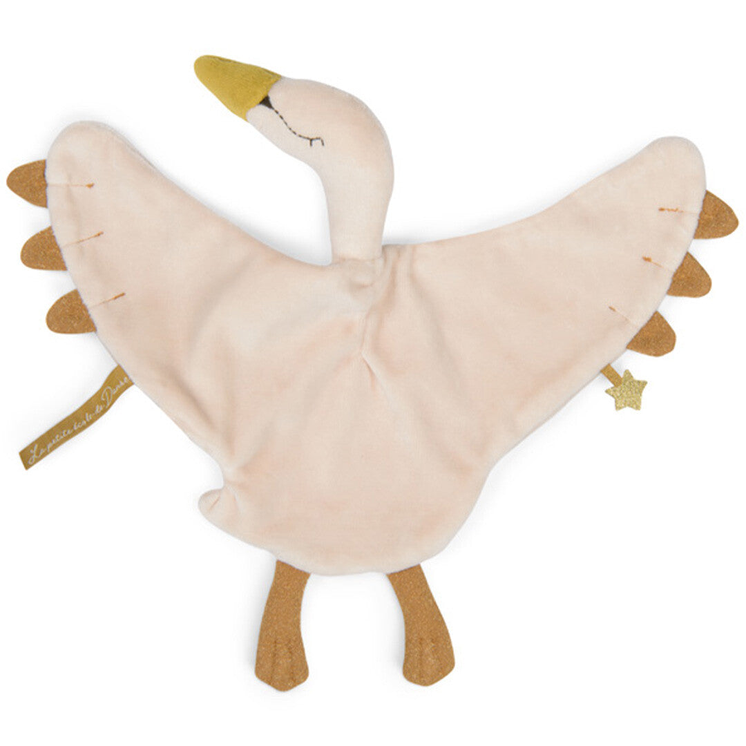 Moulin Roty knuffeldoek in de vorm van een beige zwaan, van voren gefotografeerd.