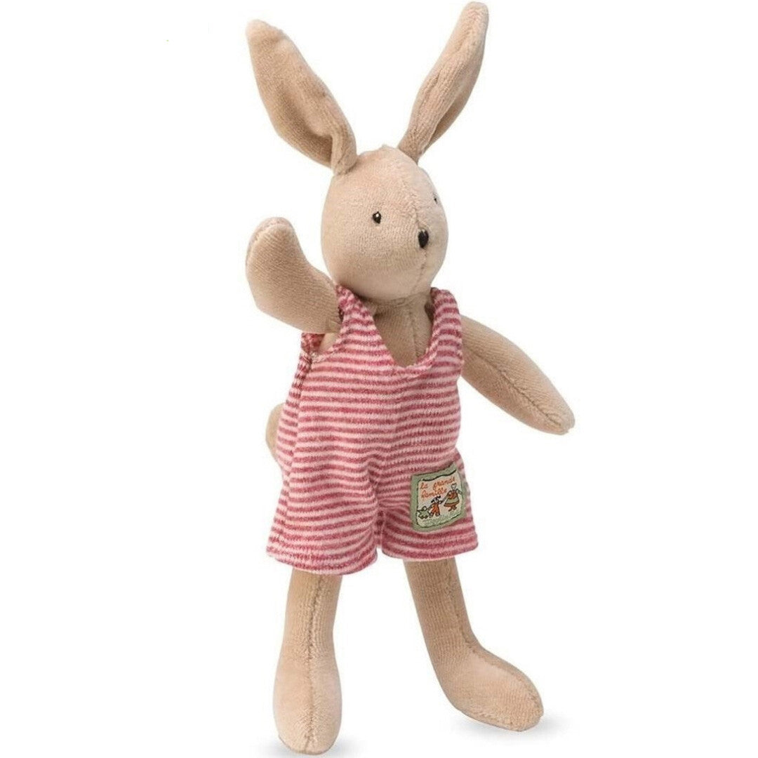 Moulin Roty knuffelkonijn Sylvain met roze gestreepte romper, schuin van voren.