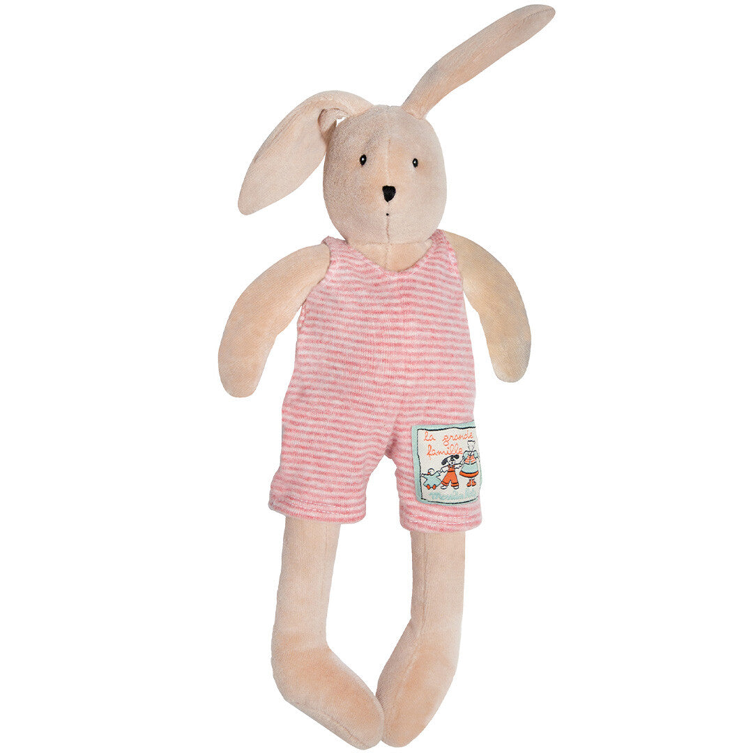 Moulin Roty knuffelkonijn Sylvain met roze gestreepte romper, recht van voren.