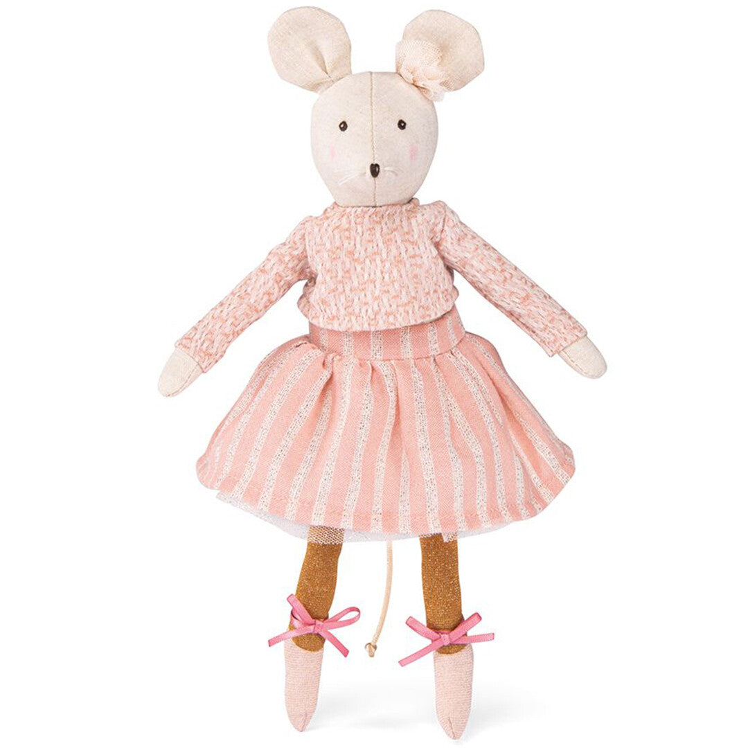 Moulin Roty knuffelmuis Anna in roze ballerina outfit, van voren gezien.