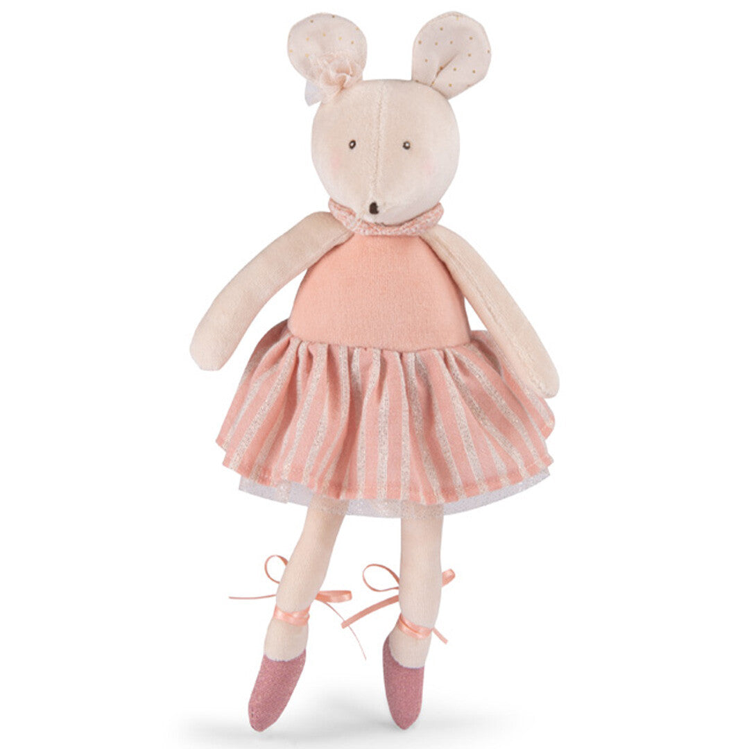Moulin Roty knuffelmuis Anna in roze ballerina jurk en balletschoenen, staand afgebeeld.