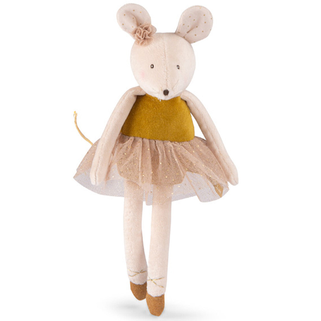 Moulin Roty knuffelmuis ballerina met geel topje en gouden tutu.