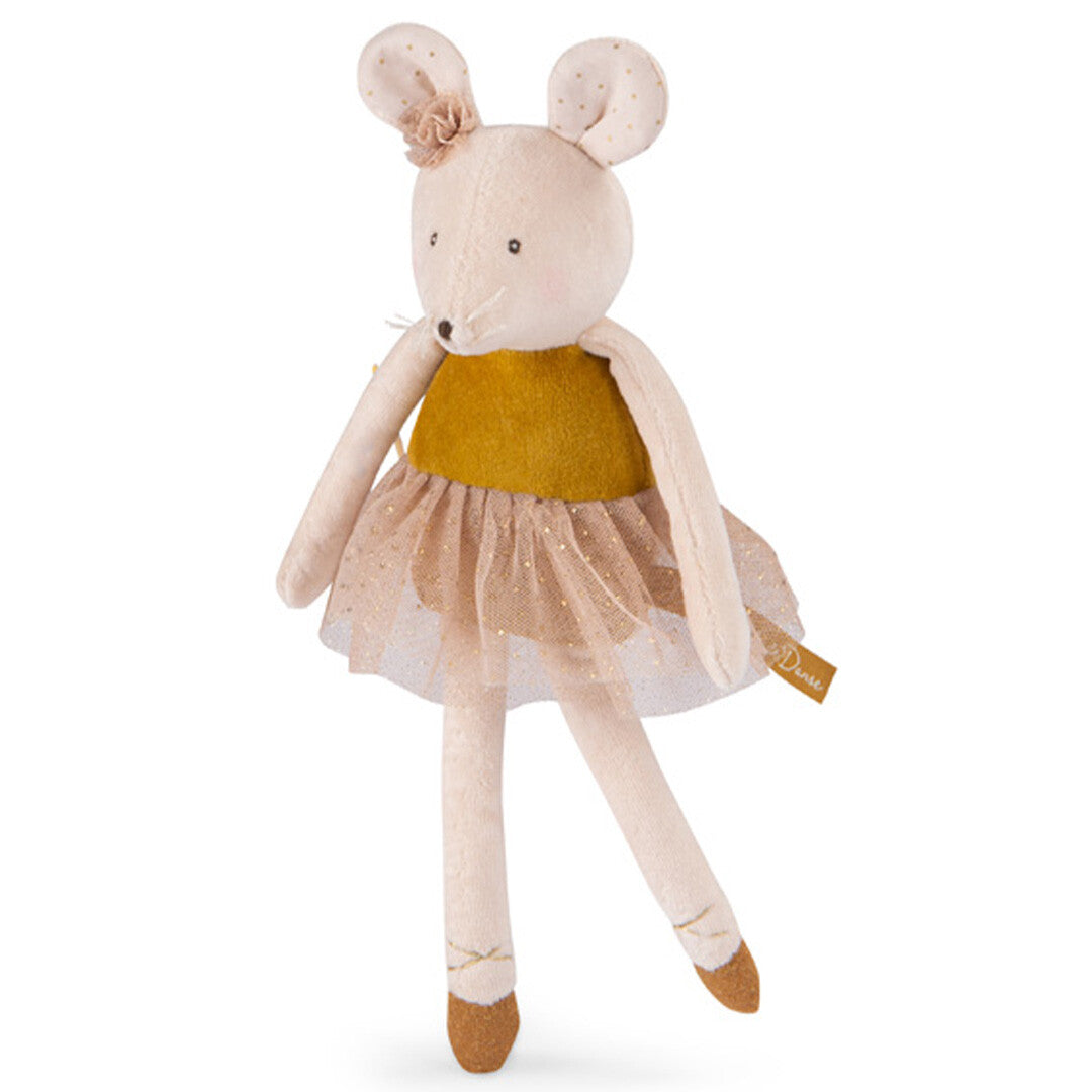 Moulin Roty knuffelmuis ballerina met geel topje en gouden tutu, schuin van voren.