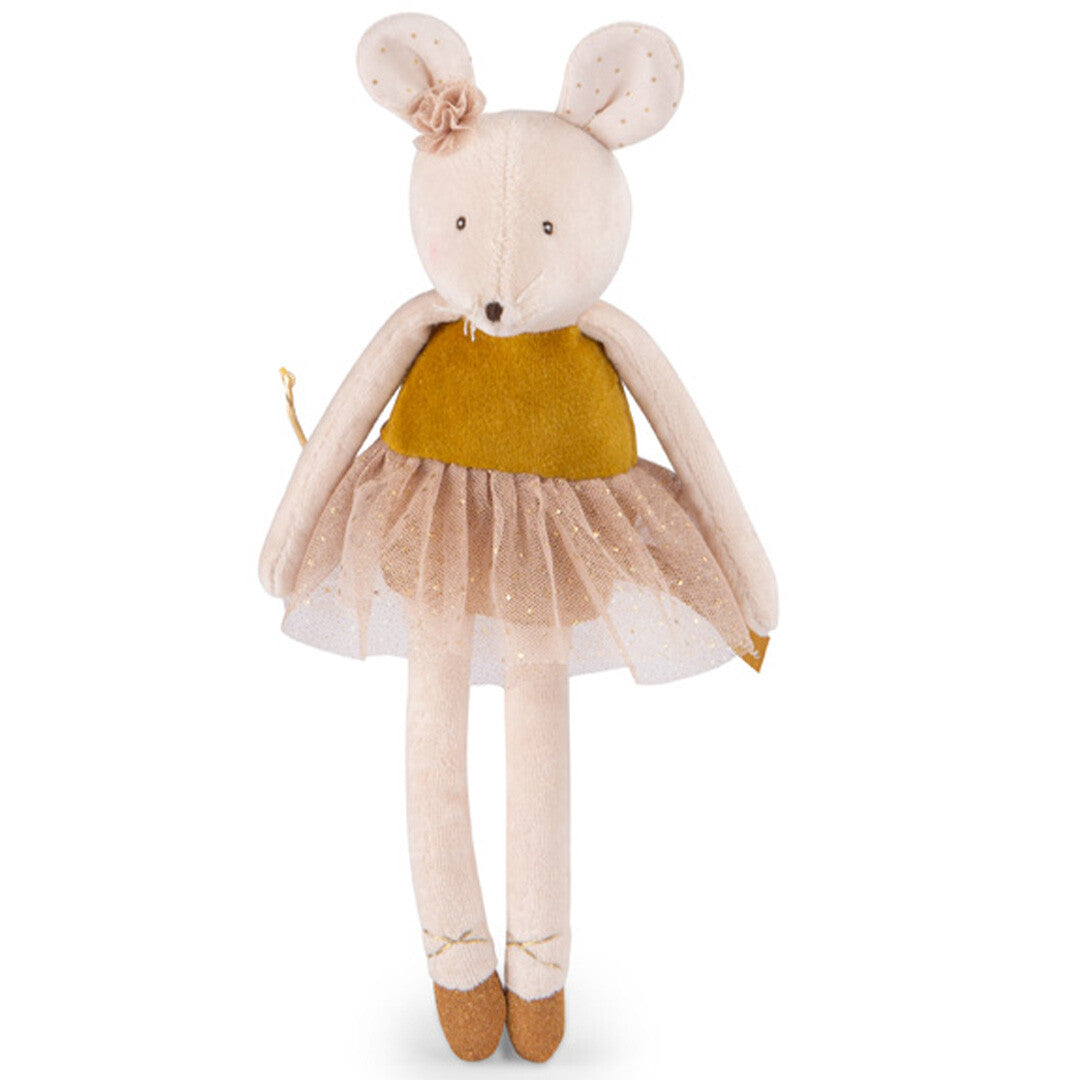 Moulin Roty knuffelmuis ballerina met geel topje en gouden tutu.