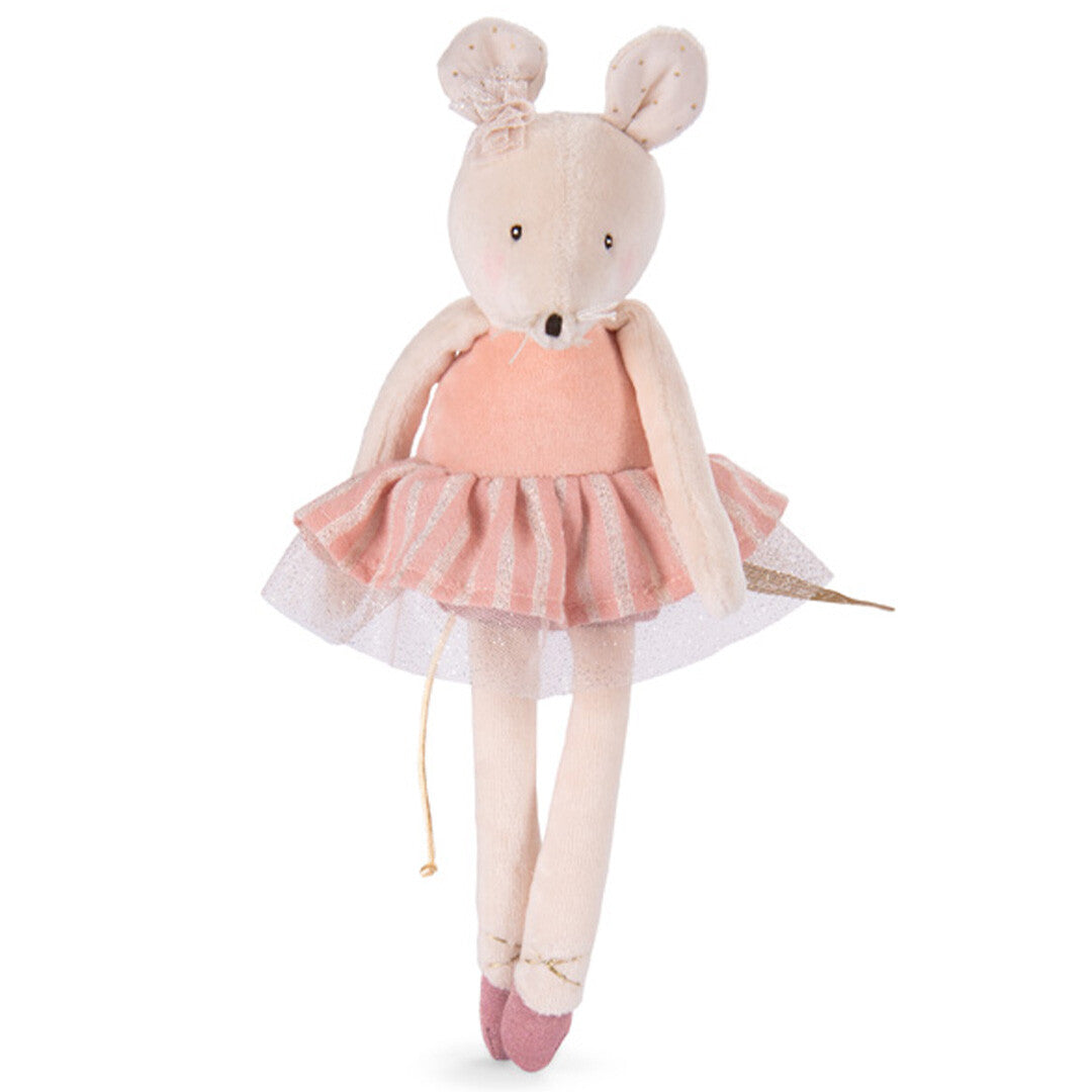 Moulin Roty knuffelmuis ballerina in roze jurk en balletschoenen, staand op een witte achtergrond.