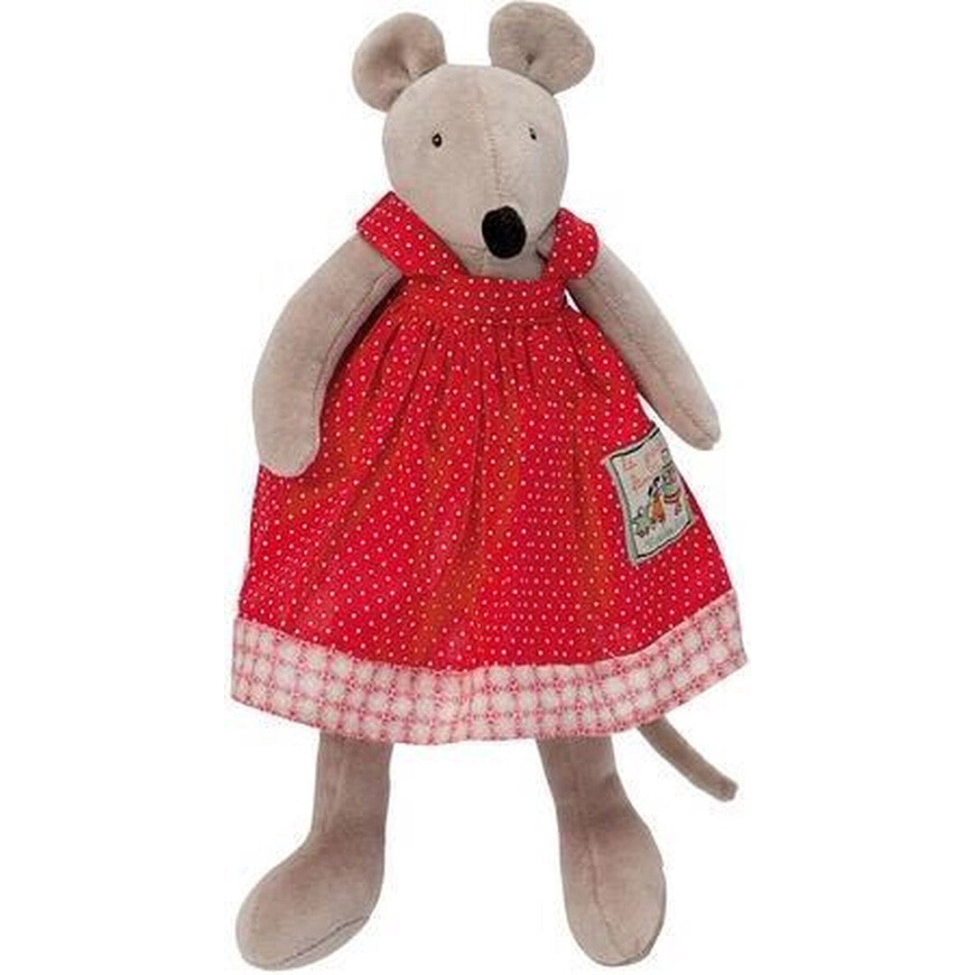 Moulin Roty knuffelmuis Nini, een grijze muis met een rode jurk met witte stippen.
