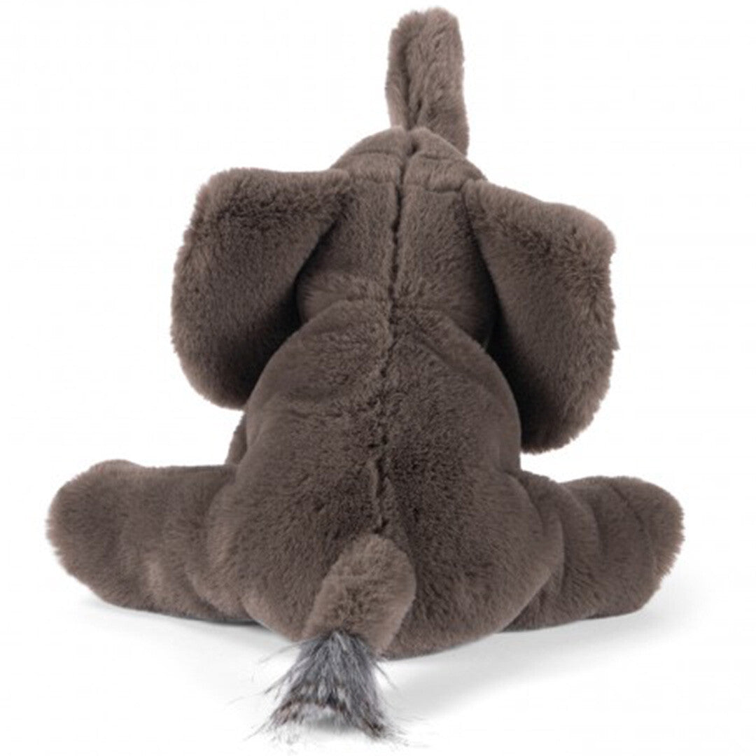 Achterkant van de Moulin Roty bruine pluchen olifant, zittend.